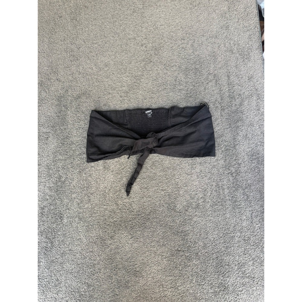Express Black Linen Blend Tie Front Smocked Back Tube Top XL